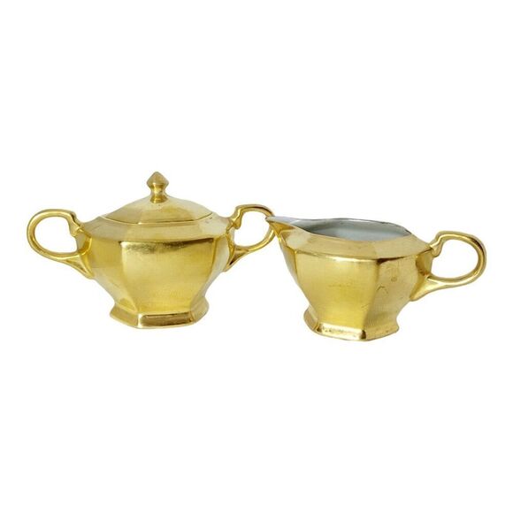 Vintage Gold Tone German Porcelain Sugar And Creamer Set - Picture 1 of 9